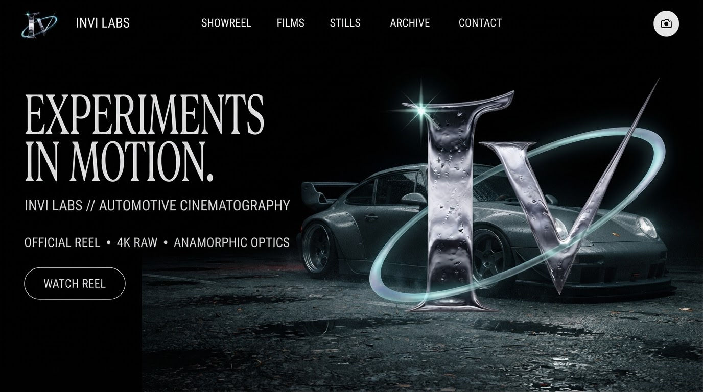 INVI LABS creative direction: a chrome IV orbit logo over a dark Porsche on rain-soaked pavement